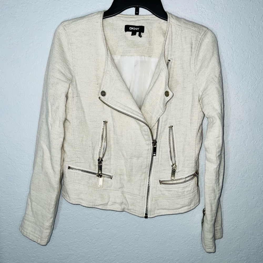 DKNY Linen Blend Moto Jacket w Wide Lapels Asymmetric Zip Front Size XS - Picture 3 of 10